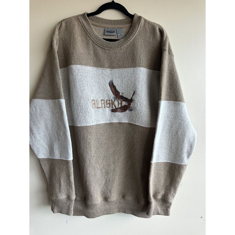 Vintage Renegade Sports Alaska Sweatshirt Mens L Tan Embroidered Bald Eagle Y2K